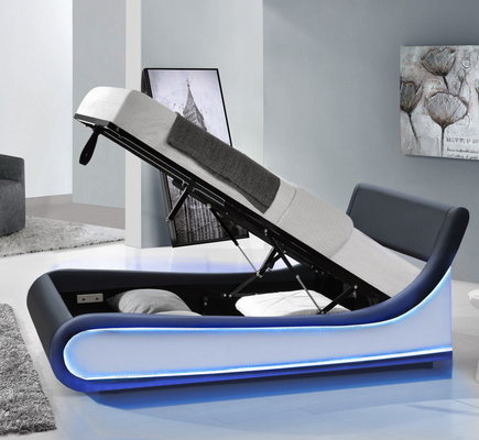 Double King Size Tempat Tidur LED Berlapis Kulit Imitasi Hitam Modern