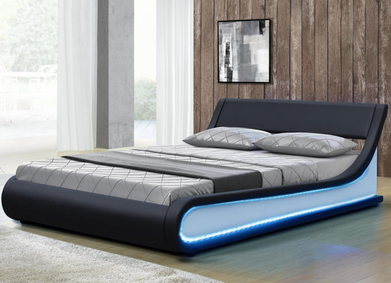 Double King Size Tempat Tidur LED Berlapis Kulit Imitasi Hitam Modern