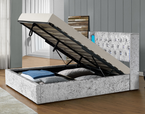 Tempat Tidur Penyimpanan Gas Lift Kain Perak Nyaman Hancurkan Beludru Dengan Headboard Lampu LED