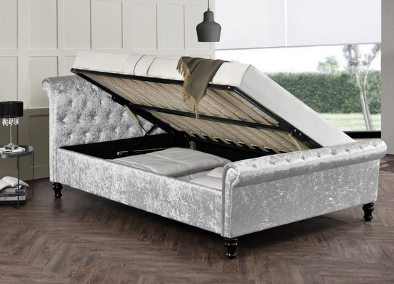 Beludru Lembut Chesterfield Ottoman Sleigh Bed Piston Hidrolik Dengan Penyimpanan Besar