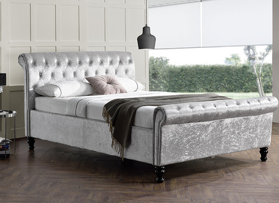 Beludru Lembut Chesterfield Ottoman Sleigh Bed Piston Hidrolik Dengan Penyimpanan Besar