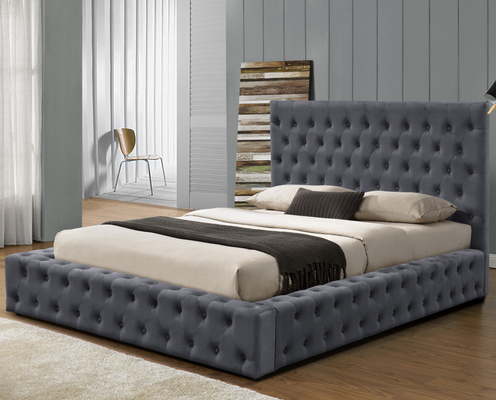 Kain Abu-abu King Size Rangka Tempat Tidur Ottoman Dilapisi Dengan Kancing Headboard