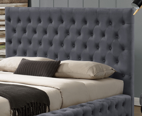 Kain Abu-abu King Size Rangka Tempat Tidur Ottoman Dilapisi Dengan Kancing Headboard