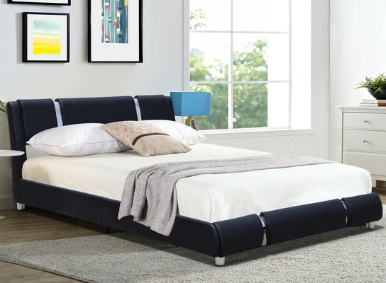 Headboard yang Dapat Disesuaikan Tempat Tidur Platform Ukuran Queen Rangka Tempat Tidur Jok Kulit Imitasi Hitam