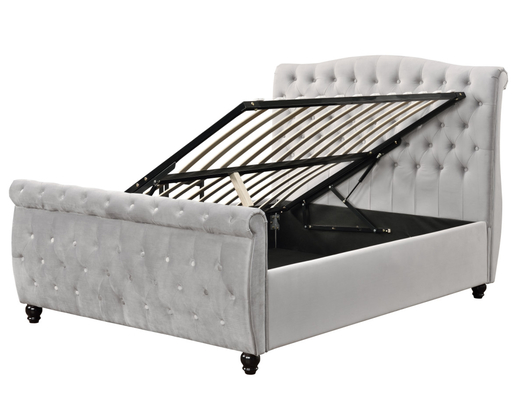 Hancur Beludru Chesterfield Sleigh Tempat Tidur Penyimpanan Ottoman Gas Lift Pembukaan Halus