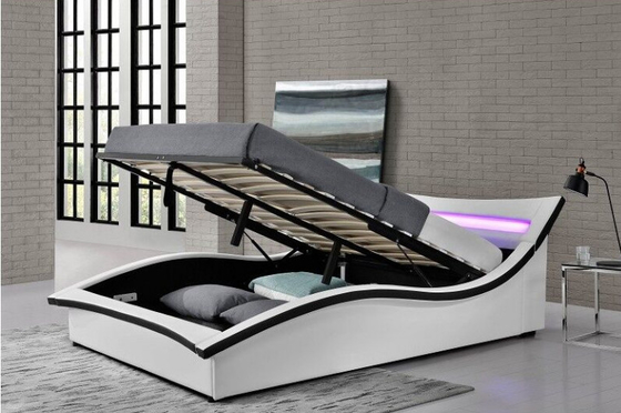 Tempat Tidur Penyimpanan Lift Gas Desain Italia Bentuk Kurva PU Kulit Imitasi Dengan LED