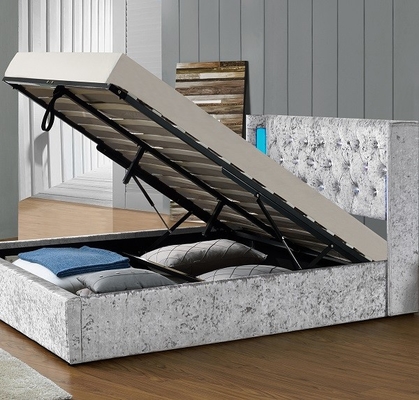 Produsen Tempat Tidur Berlapis Kain Beludru Hancur Abu-abu Dengan Tombol LED Dan Kristal
