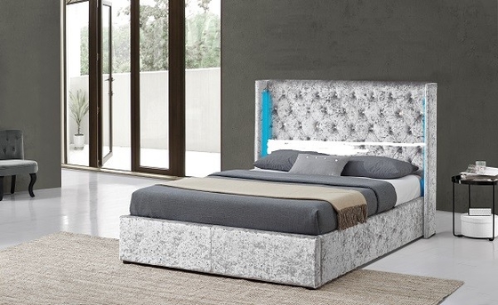 Produsen Tempat Tidur Berlapis Kain Beludru Hancur Abu-abu Dengan Tombol LED Dan Kristal