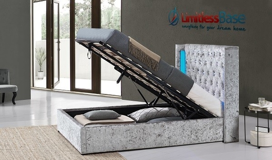Produsen Tempat Tidur Berlapis Kain Beludru Hancur Abu-abu Dengan Tombol LED Dan Kristal