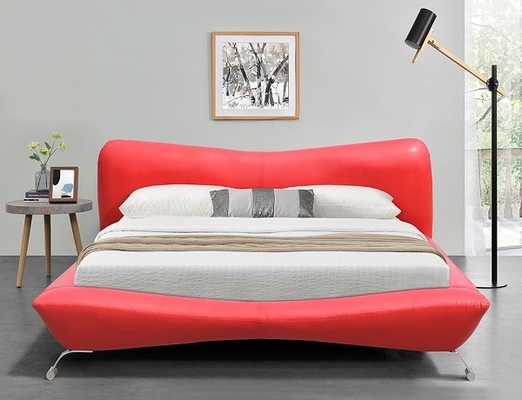 Red Faux Leather Bed Frame Plywood Metal Legs Produsen Tempat Tidur Kulit