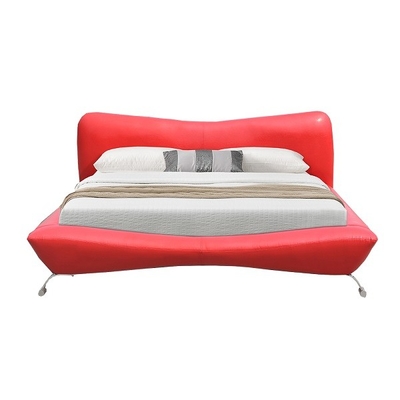 Red Faux Leather Bed Frame Plywood Metal Legs Produsen Tempat Tidur Kulit