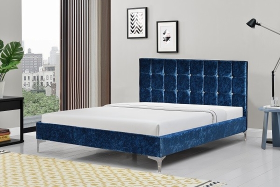 Rangka Tempat Tidur Berlapis Beludru Biru Hancur Ukuran Penuh Dengan Tombol Kristal