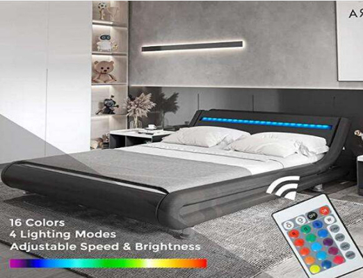 Tempat Tidur Platform Kain Sprei Berlapis Ganda Hitam Dengan Lampu LED