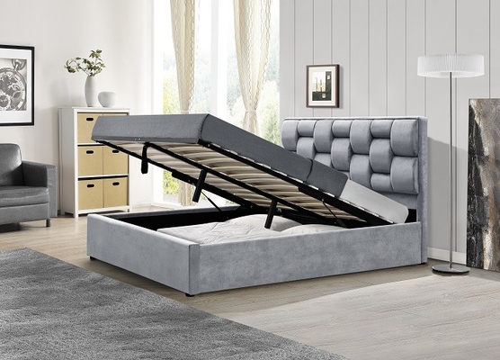 Bingkai tempat tidur berbahan kain beludru abu-abu dengan headboard tinggi bergelombang