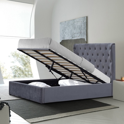 Grey King Size Rangka Tempat Tidur Penyimpanan Berlapis Kayu Lapis Mudah Dirakit Dengan Headboard Telinga