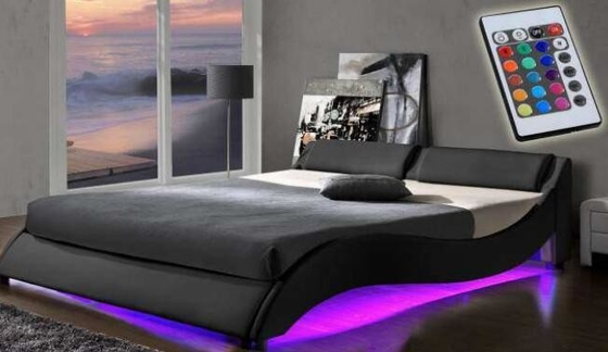 Bingkai Tempat Tidur Kayu Lapis Berlapis Grosir Gelombang Bentuk PU Kulit Dengan LED