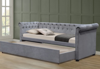 Daybed Trundle Berlapis Kain Multifungsi Warna Abu-Abu Dengan Penyimpanan