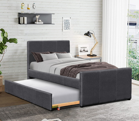 Rangka Daybed Twin Kayu Linen Abu-abu Gelap Dengan Trundle yang Dapat Diperpanjang Untuk Kamar Tidur