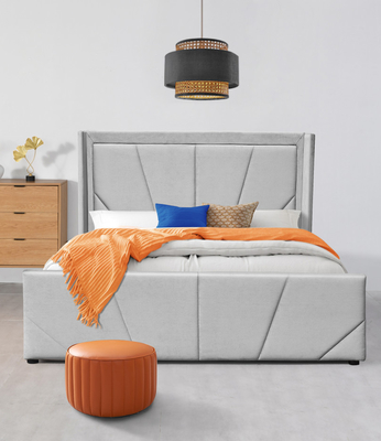 Rangka Tempat Tidur Penyimpanan Platform OEM Kain Abu-abu Muda Dengan Headboard Bersayap Berlapis
