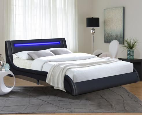 Black Faux Kulit Pu Led Rangka tempat tidur berlapis dengan headboard diatur