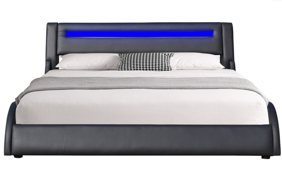 Black Faux Kulit Pu Led Rangka tempat tidur berlapis dengan headboard diatur