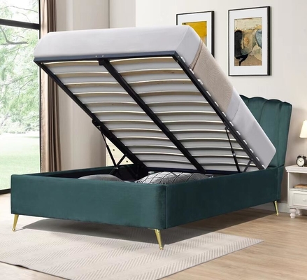 Kain Velvet Biru Ottoman Lift Gas Storage Bed Dengan Empat Kaki Emas