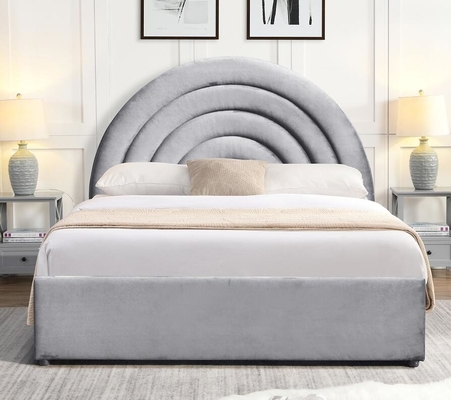Detail Berorientasi Gas Lift Storage Bed Curved Shape Rainbow Headboard Kain abu-abu