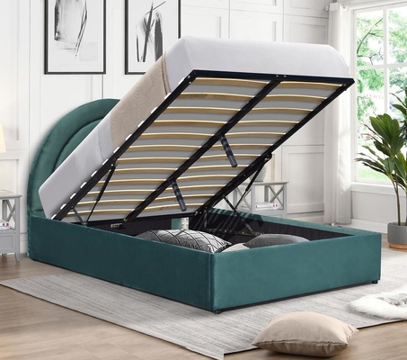 Detail Berorientasi Gas Lift Storage Bed Curved Shape Rainbow Headboard Kain abu-abu