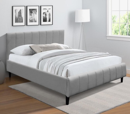 Bingkai tempat tidur kain abu-abu ganda dengan dasar kayu