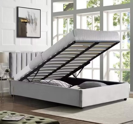 Lampu abu-abu kain beludru Gas Lift Storage Bed Frame Double Size