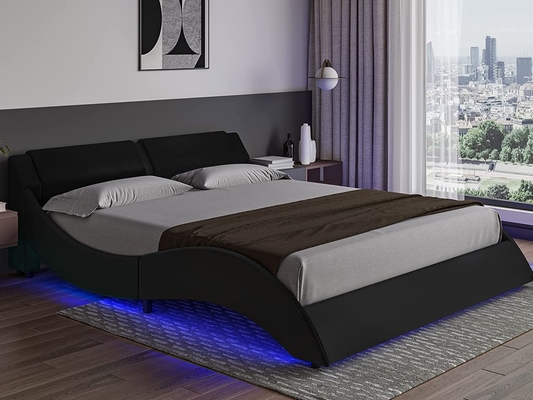 Tempat tidur berlapis dengan PU Headboard Kulit, PU Platform Bedframe dengan lampu LED