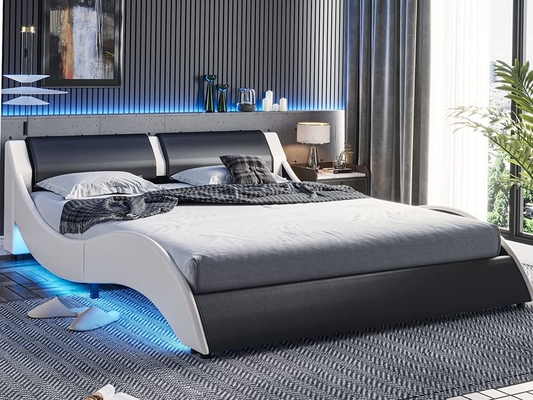 Tempat tidur berlapis dengan PU Headboard Kulit, PU Platform Bedframe dengan lampu LED