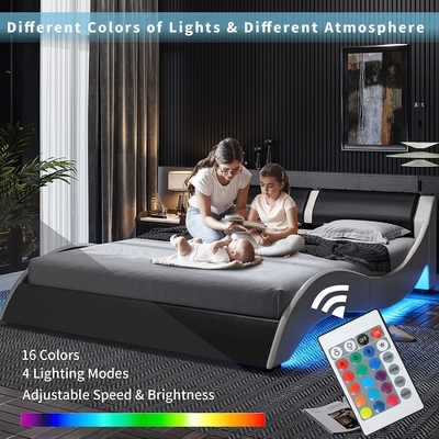 Tempat tidur berlapis dengan PU Headboard Kulit, PU Platform Bedframe dengan lampu LED