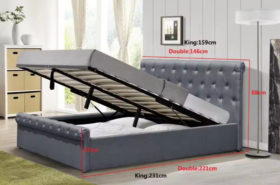 Tempat Tidur Penyimpanan Angkat Tempat Tidur Berlapis Ukuran Penuh dengan Headboard Berumbai dan Penyimpanan di Bawahnya