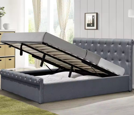 Tempat Tidur Penyimpanan Angkat Tempat Tidur Berlapis Ukuran Penuh dengan Headboard Berumbai dan Penyimpanan di Bawahnya