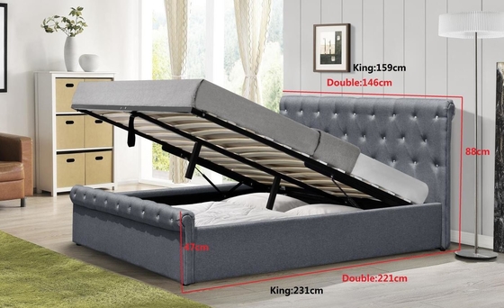 Diamond Buttons Gas Lift Storage Bed Double Size Grey Linen Tempat Tidur Ottoman Sertifikasi BSCI