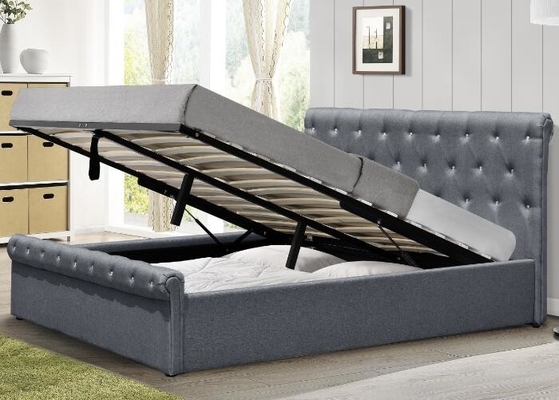 Diamond Buttons Gas Lift Storage Bed Double Size Grey Linen Tempat Tidur Ottoman Sertifikasi BSCI