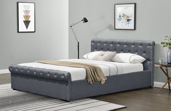 Diamond Buttons Gas Lift Storage Bed Double Size Grey Linen Tempat Tidur Ottoman Sertifikasi BSCI