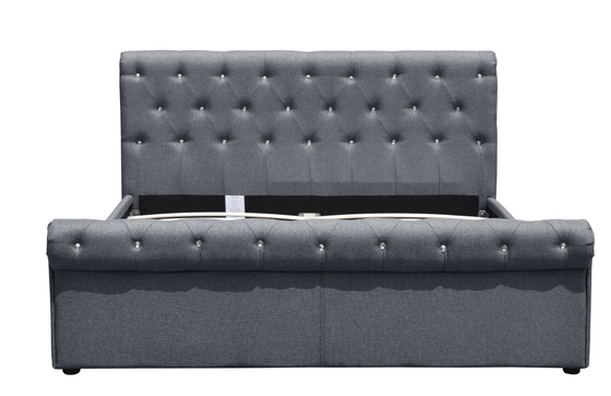 Diamond Buttons Gas Lift Storage Bed Double Size Grey Linen Tempat Tidur Ottoman Sertifikasi BSCI