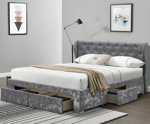 Tempat Tidur Penyimpanan Berumbai Kain Beludru Hancur Perak Ottoman Laci OEM Ukuran Ganda Berlapis