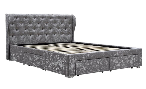Tempat Tidur Penyimpanan Berumbai Kain Beludru Hancur Perak Ottoman Laci OEM Ukuran Ganda Berlapis