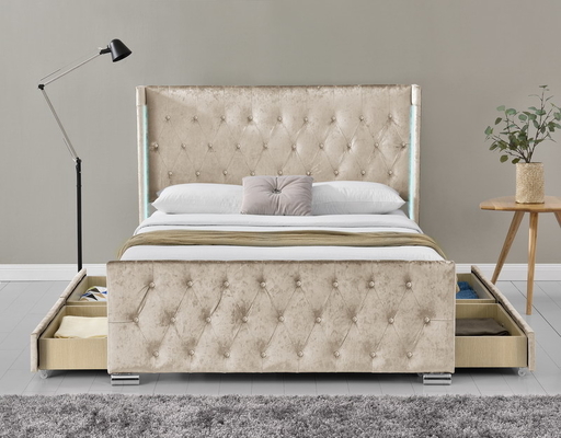 Bingkai Tempat Tidur Platform Berlapis Kain LED Queen Size Dengan 4 Laci