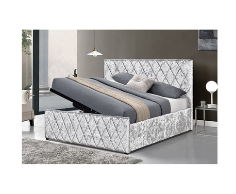 Hancurkan Abu-abu Muda Velvet Bed Frame Fabric Gas Lift Bed Dengan Penyimpanan Sertifikat EMC