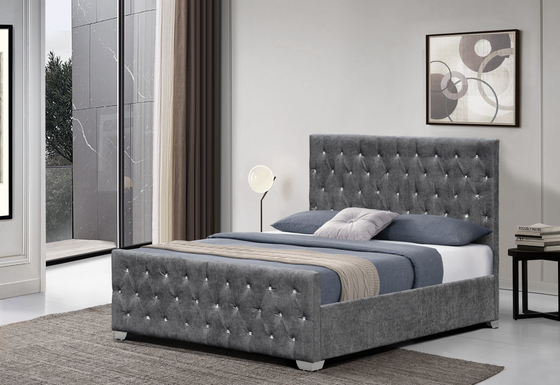 Bingkai Tempat Tidur Berlapis Kristal Beludru Berlapis Kancing Mewah Gaya Headboard Tinggi