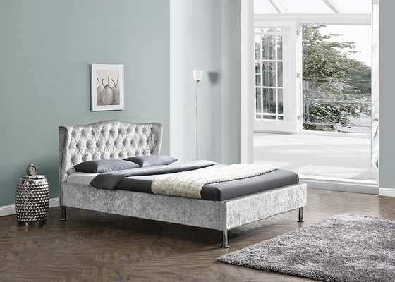 Linen Fabric Upholstered Platform Bed Frame Dengan Tombol Modern Light Grey King Size