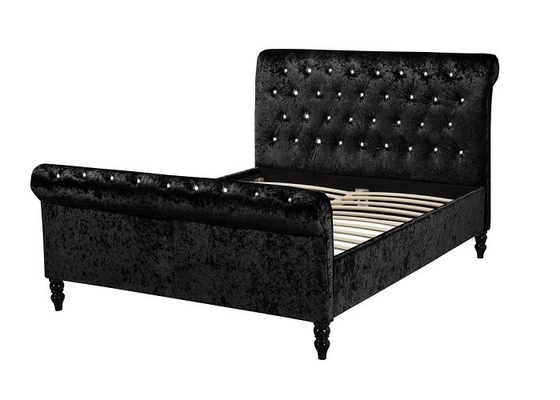 Mewah Perak Hitam Kain Hancur Beludru Sleigh Bed Frame Double King Size