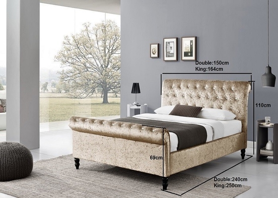 Mewah Perak Hitam Kain Hancur Beludru Sleigh Bed Frame Double King Size