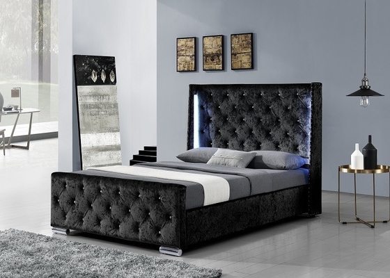 Tempat Tidur Platform Kain Tempat Tidur Ganda Beludru Hancur Berlapis Dengan Headboard Tinggi LED EN1725
