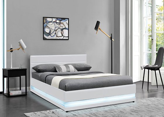 Penyimpanan Lift Gas Kulit Putih Tempat Tidur Ganda Kain Modern Berlapis Dengan Lampu LED
