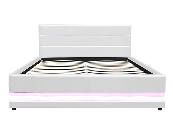Penyimpanan Lift Gas Kulit Putih Tempat Tidur Ganda Kain Modern Berlapis Dengan Lampu LED